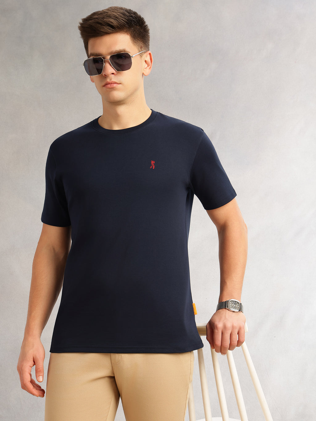 Thomas Scott Men Navy Cricket Club Collection Regular Fit Short Sleeves Round Neck Solid 100% Cotton Knitted Tshirt
