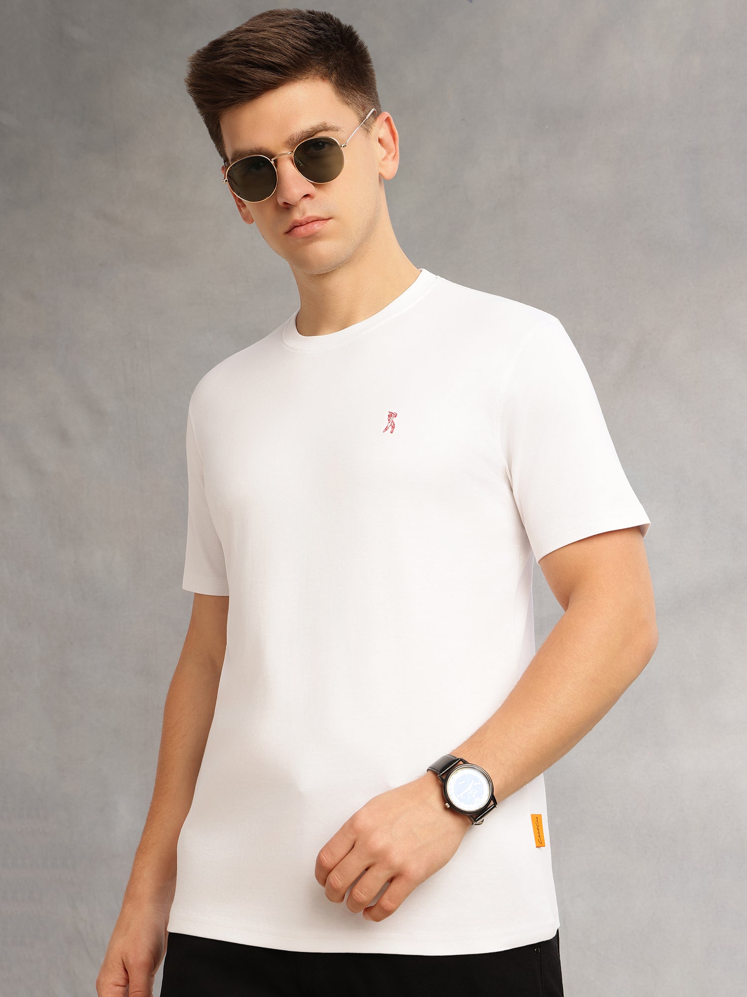 Thomas Scott Men White Cricket Club Collection Regular Fit Short Sleeves Round Neck Solid 100% Cotton Knitted Tshirt