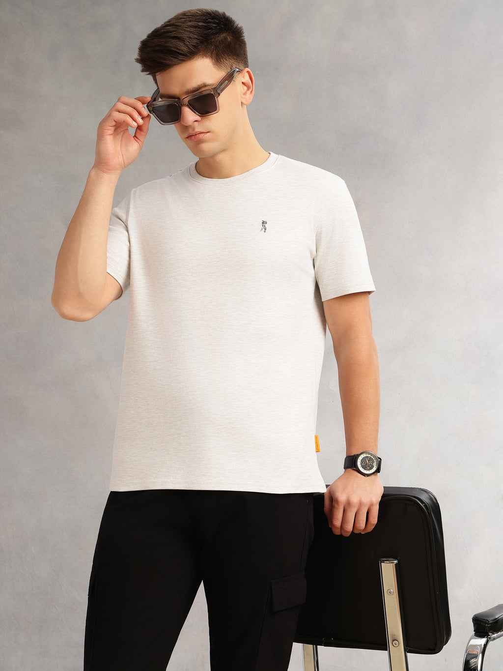 Thomas Scott Men Grey Cricket Club Collection Regular Fit Short Sleeves Round Neck Solid 100% Cotton Knitted Tshirt