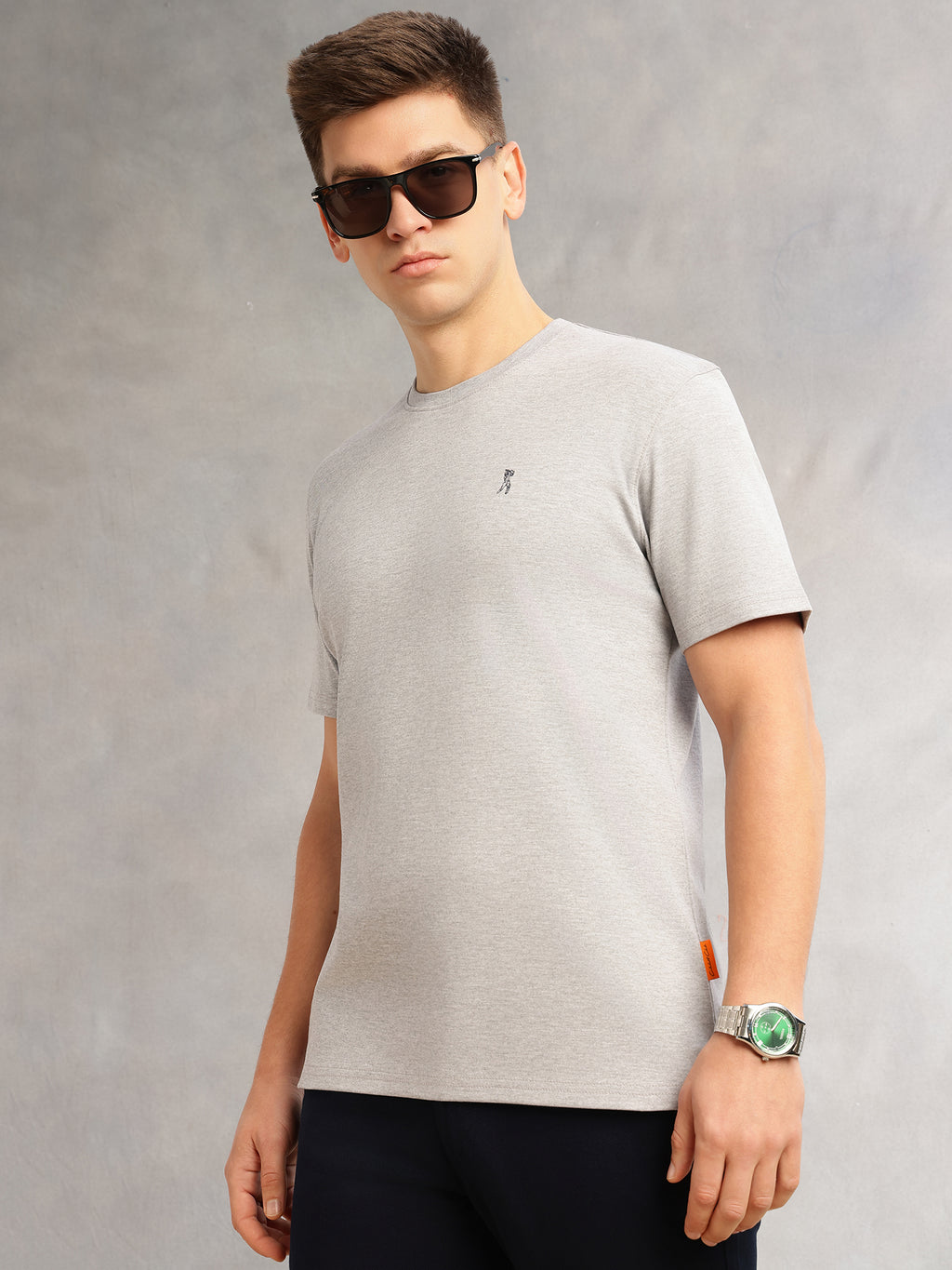 Thomas Scott Men Grey Melange Cricket Club Collection Regular Fit Short Sleeves Round Neck Solid 100% Cotton Knitted Tshirt