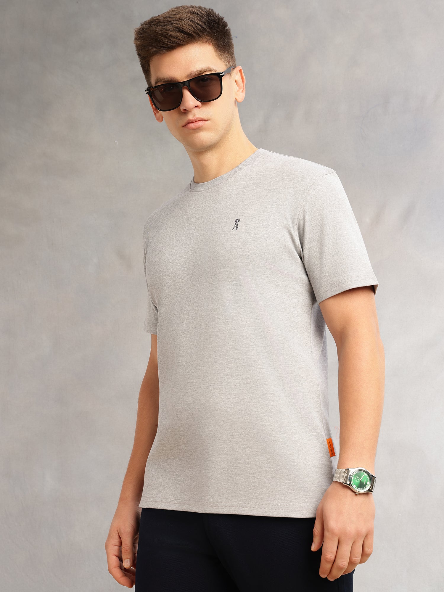 Thomas Scott Men Grey Melange Cricket Club Collection Regular Fit Short Sleeves Round Neck Solid 100% Cotton Knitted Tshirt