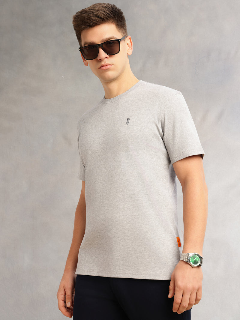Thomas Scott Men Grey Melange Cricket Club Collection Regular Fit Short Sleeves Round Neck Solid 100% Cotton Knitted Tshirt