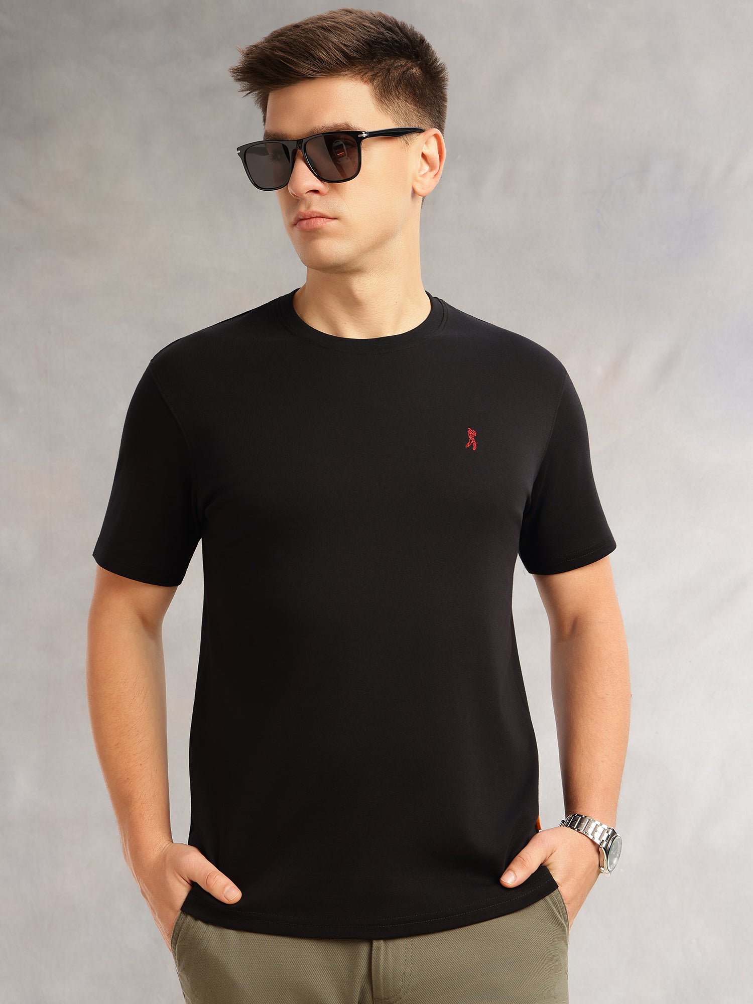 Thomas Scott Men Black Cricket Club Collection Regular Fit Short Sleeves Round Neck Solid 100% Cotton Knitted Tshirt