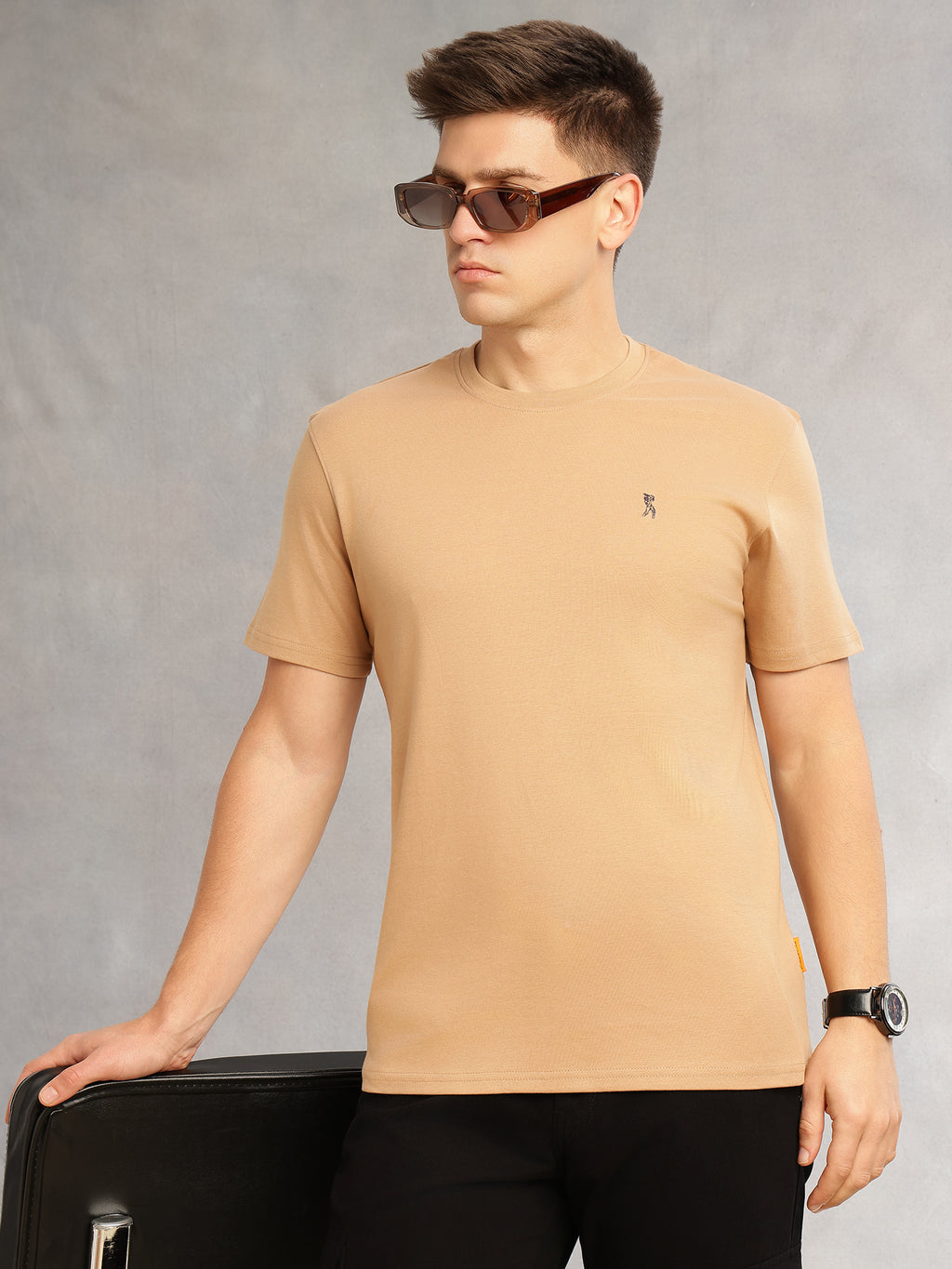 Thomas Scott Men Beige Cricket Club Collection Regular Fit Short Sleeves Round Neck Solid 100% Cotton Knitted Tshirt