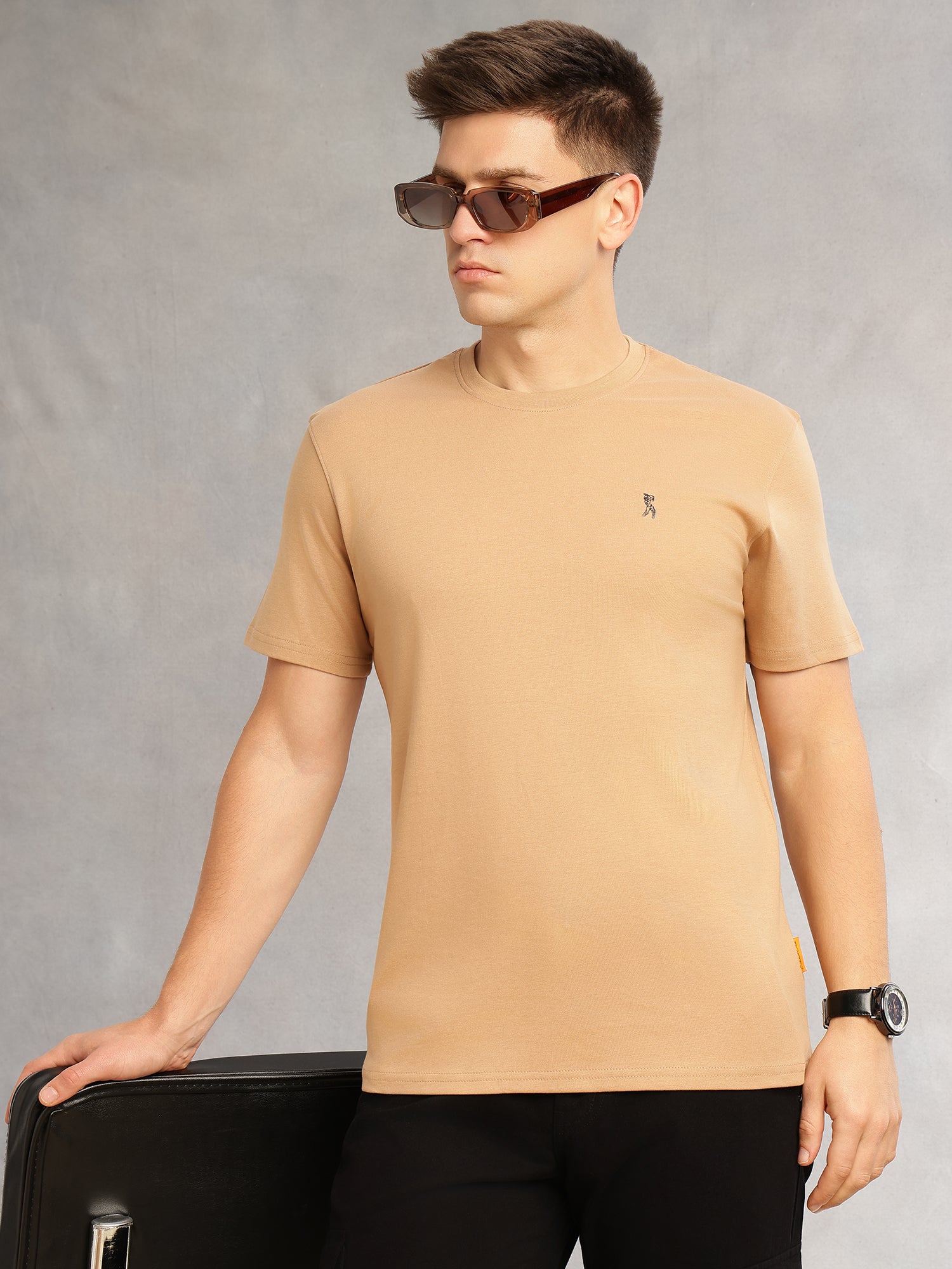 Thomas Scott Men Beige Cricket Club Collection Regular Fit Short Sleeves Round Neck Solid 100% Cotton Knitted Tshirt