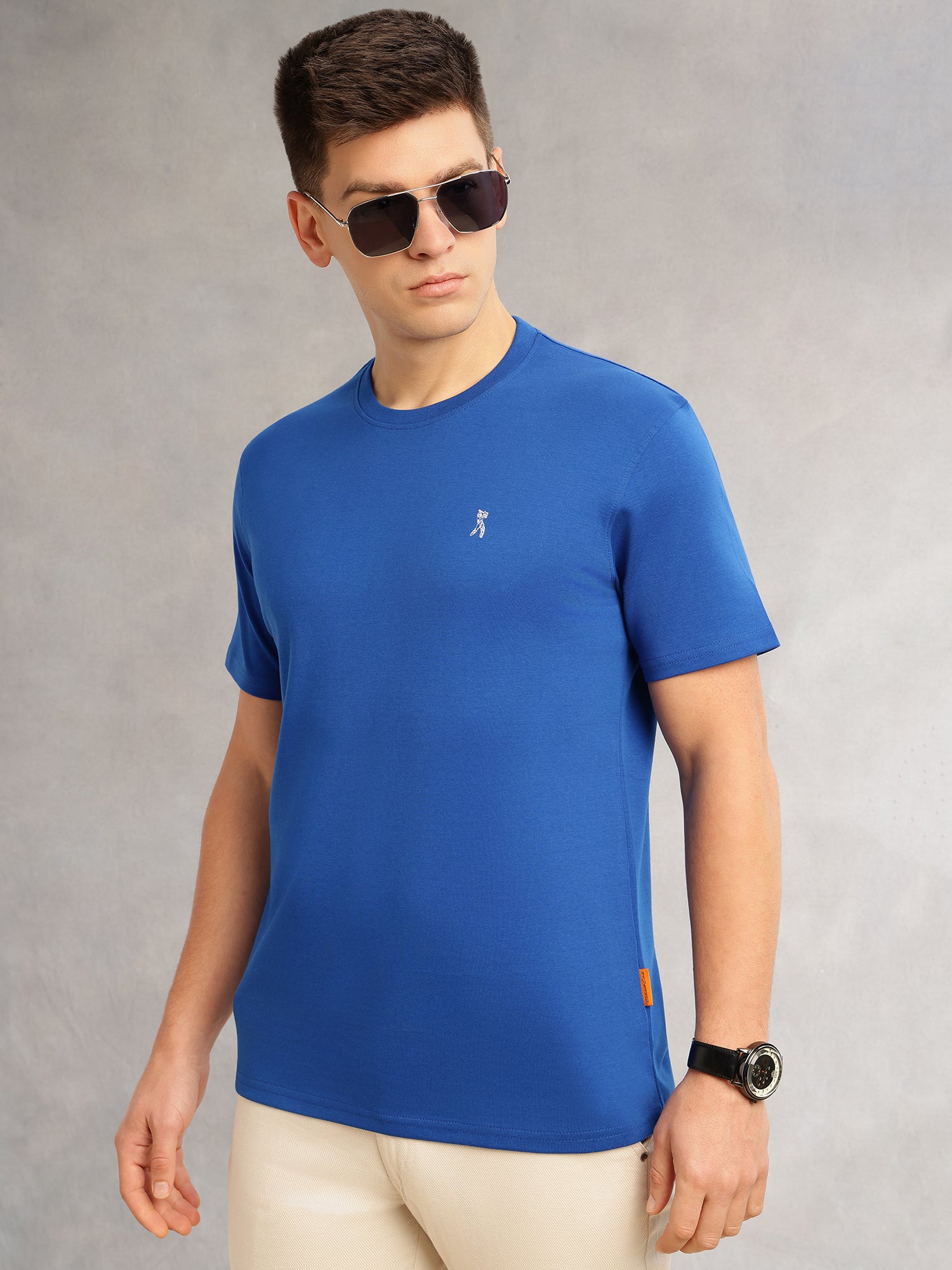 Thomas Scott Men Royal Blue Cricket Club Collection Regular Fit Short Sleeves Round Neck Solid 100% Cotton Knitted Tshirt
