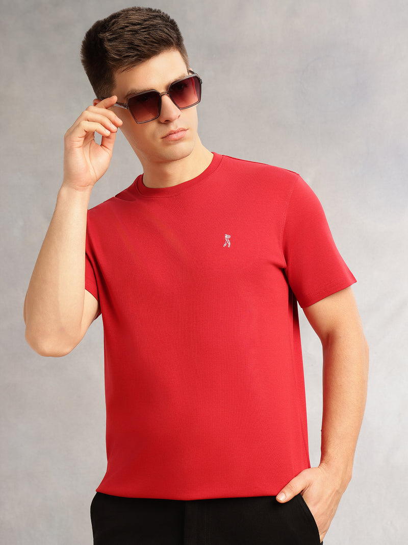Thomas Scott Men Red Cricket Club Collection Regular Fit Short Sleeves Round Neck Solid 100% Cotton Knitted Tshirt