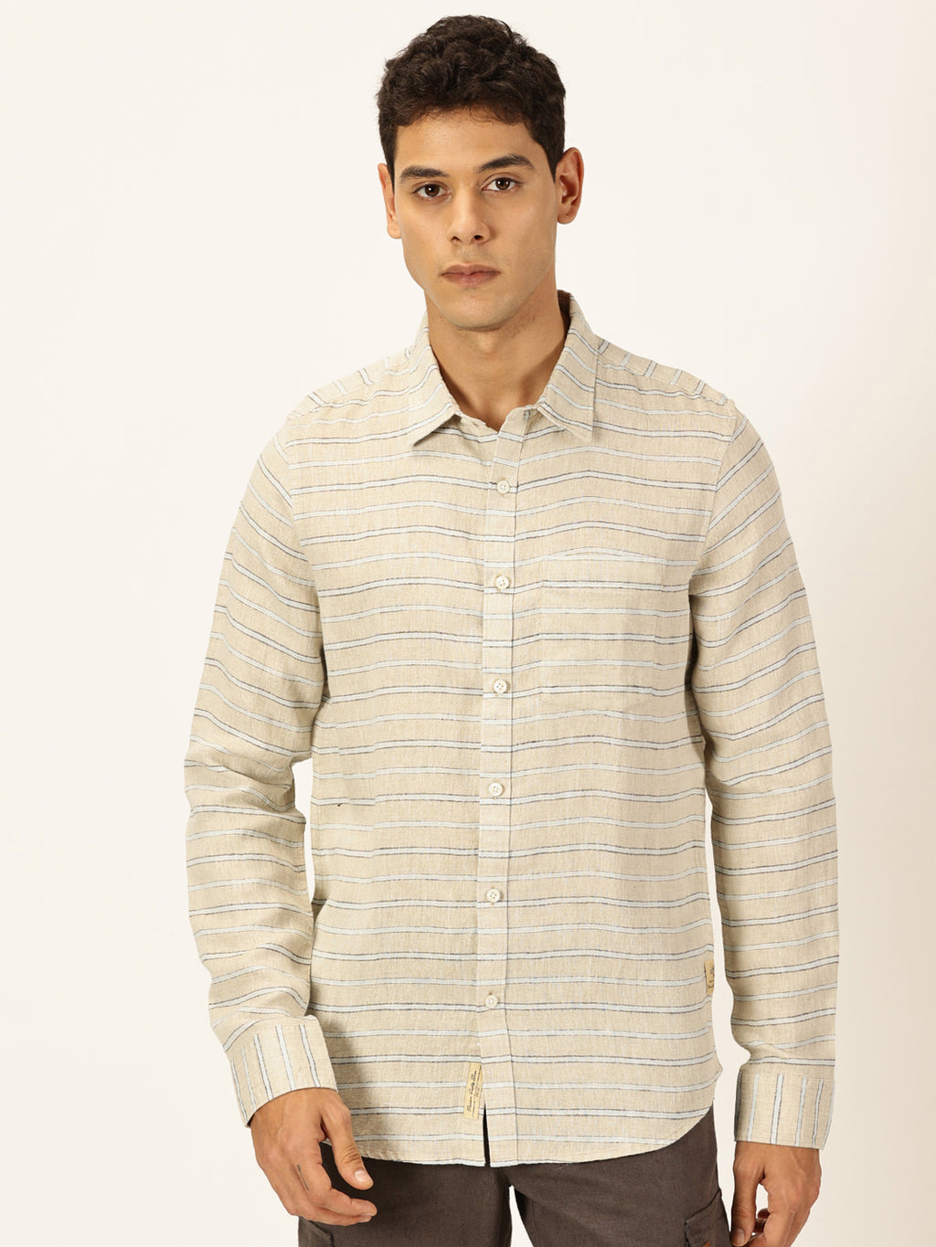 Thomas Scott Men Beige Long Sleeves Slim Fit Spread Collar Horizontal Stripes Linen Casual Shirt