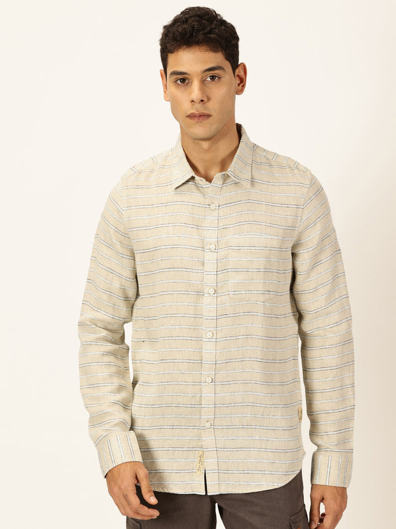 Thomas Scott Men Beige Long Sleeves Slim Fit Spread Collar Horizontal Stripes Linen Casual Shirt