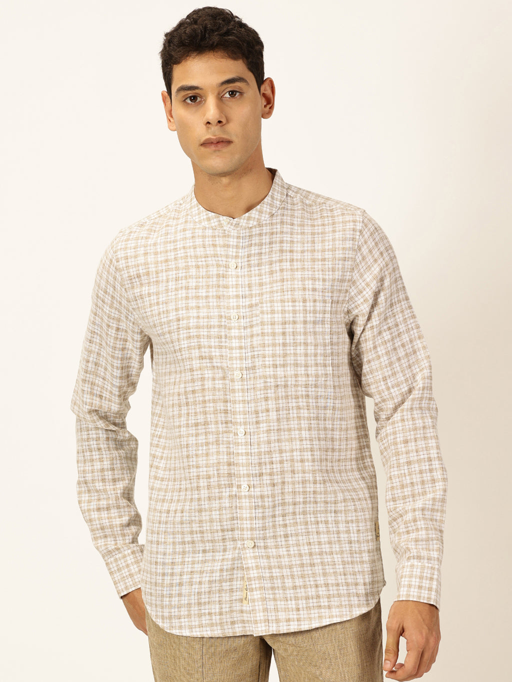 Thomas Scott Men Beige Long Sleeves Slim Fit Mandarin Collar Grid Tattersall Checks Linen Casual Shirt