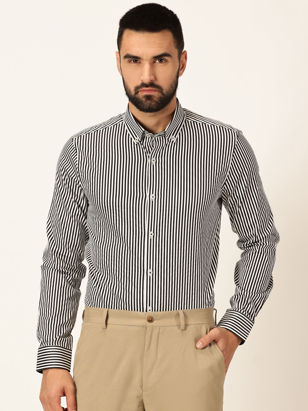 Thomas Scott Men Black Long Sleeves Regular Fit Button-Down Collar Vertical Stripes 100% Cotton Formal Shirt
