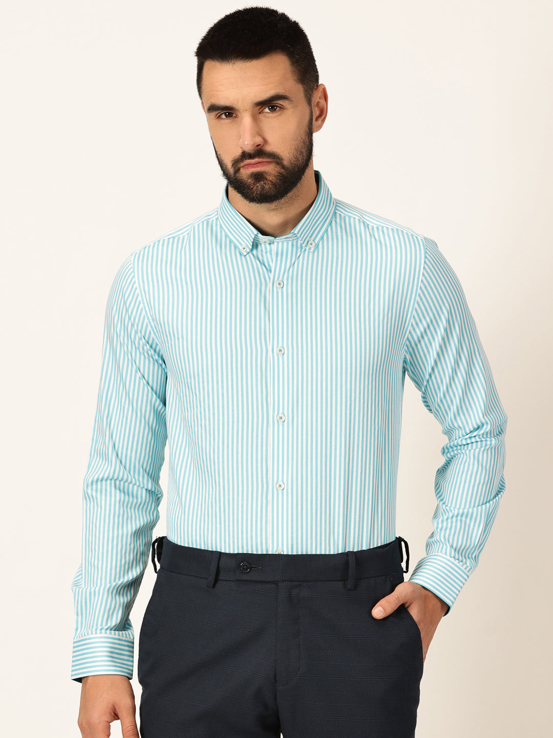 Thomas Scott Men Aqua Regular Fit Long Sleeves Button-Down Collar Pinstripes Cotton Formal Shirt