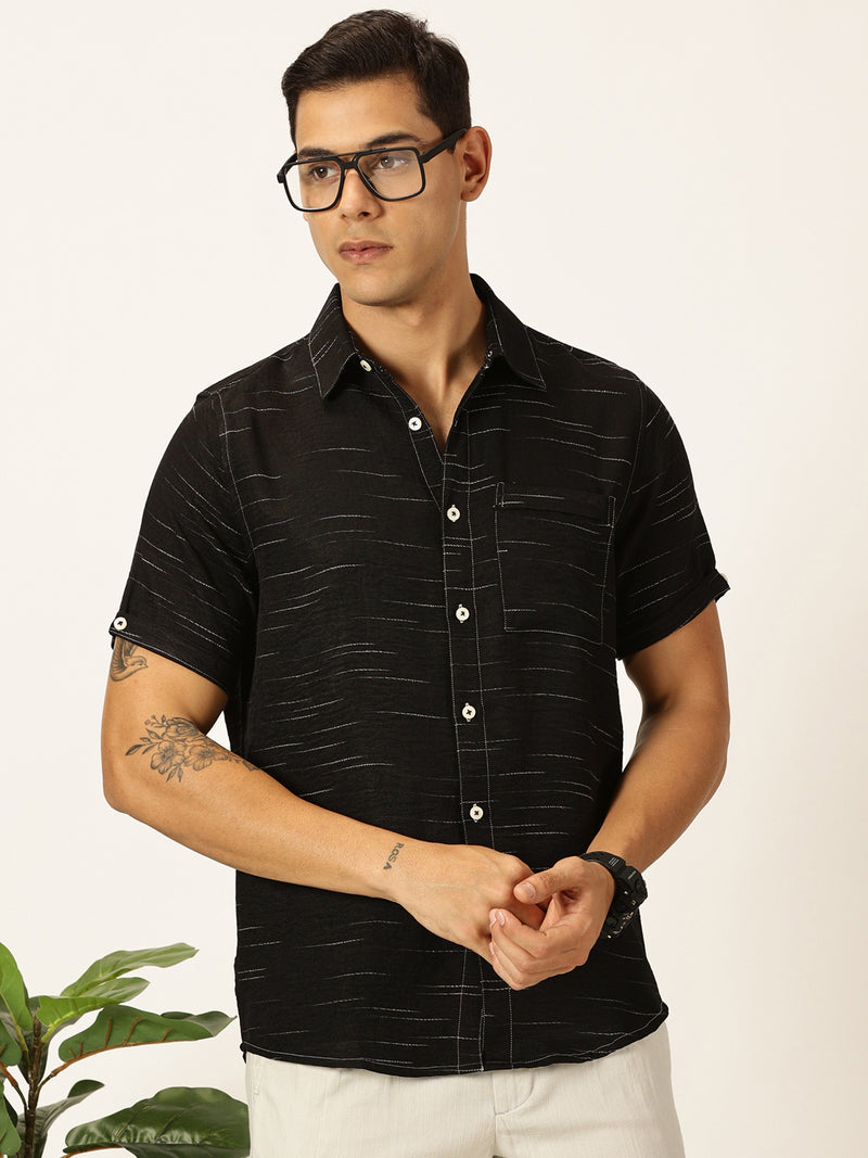Thomas Scott Men Black Slim Fit Short Sleeves Spread Collar Textured Casual Shirt