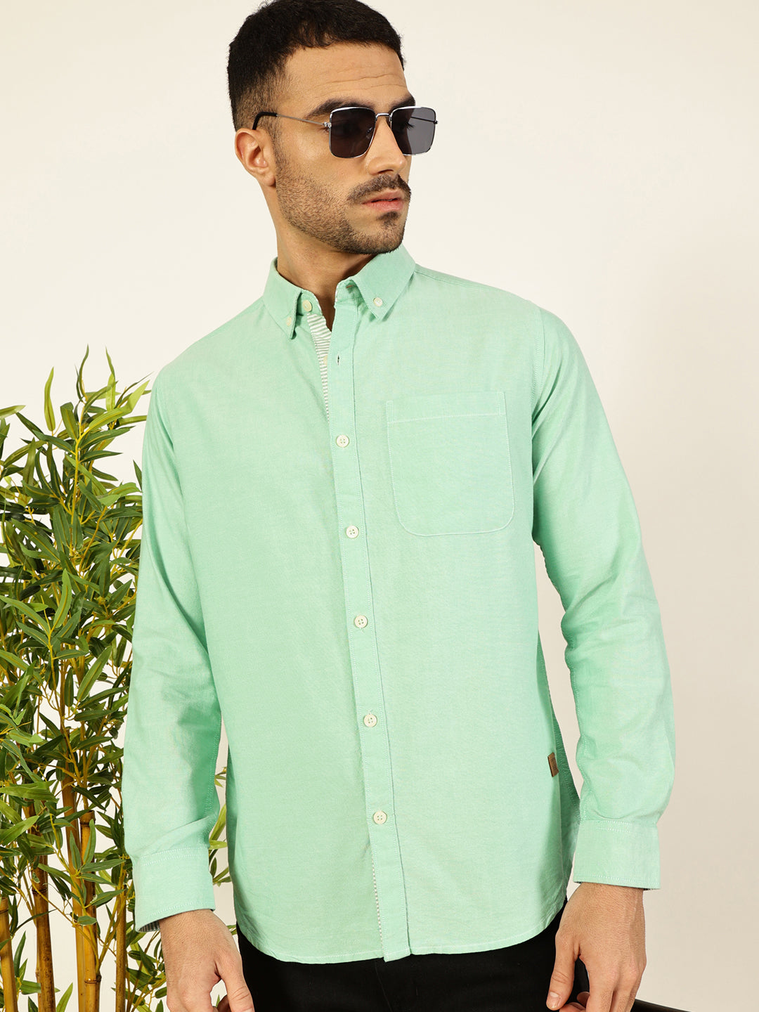 Thomas Scott Men Olive Long Sleeves Slim Fit Button-Down Collar 100% Cotton Casual Shirt