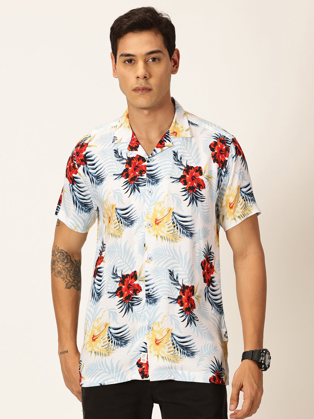 Thomas Scott Men Navy Blue Short Sleeves Slim Fit Spread Collar Floral Printed Viscose Rayon Casual Shirt