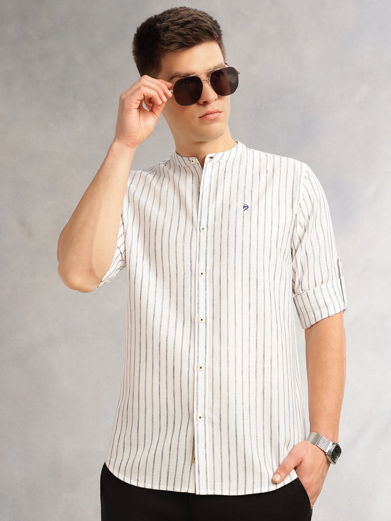 Thomas Scott Men Navy Slim Fit Three-Quarter Roll-Up Sleeves Mandarin Collar Vertical Stripes Cotton Linen Casual Shirt