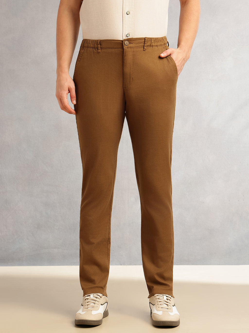 Thomas Scott Men Brown Straight Fit Mid-Rise Solid 4 Pockets Woven Chinos Trouser