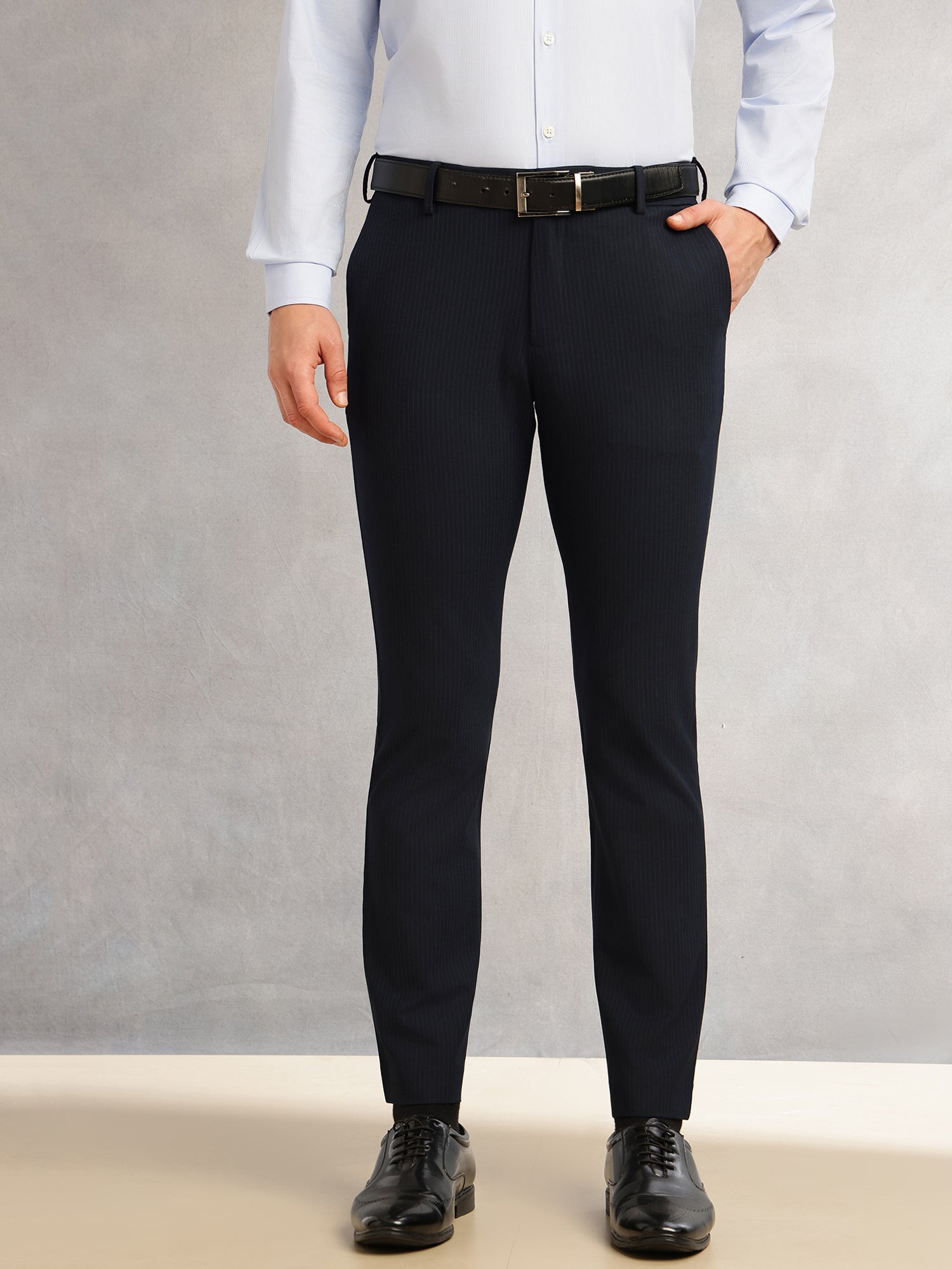 Thomas Scott Men Navy1 Slim Fit Mid-Rise Flexi-Waist 4-Way Stretch Solid Formal Performance Trouser