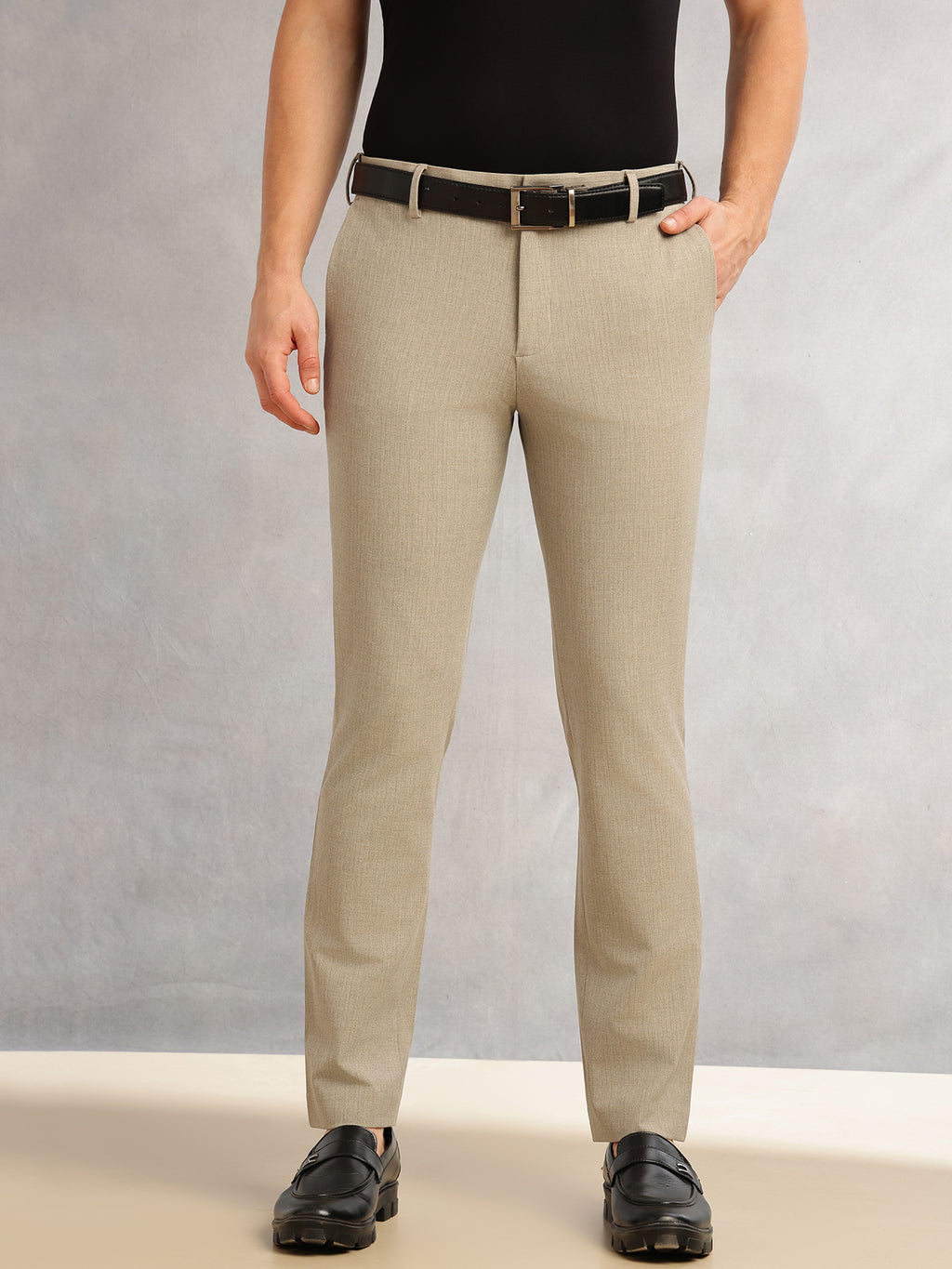 Thomas Scott Men Khaki Slim Fit Mid-Rise Flexi-Waist 4-Way Stretch Solid Formal Performance Trouser