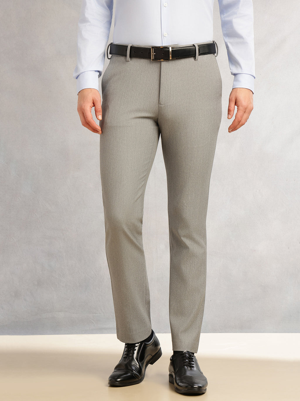 Thomas Scott Men Dark Grey Slim Fit Mid-Rise Flexi-Waist 4-Way Stretch Solid Formal Performance Trouser