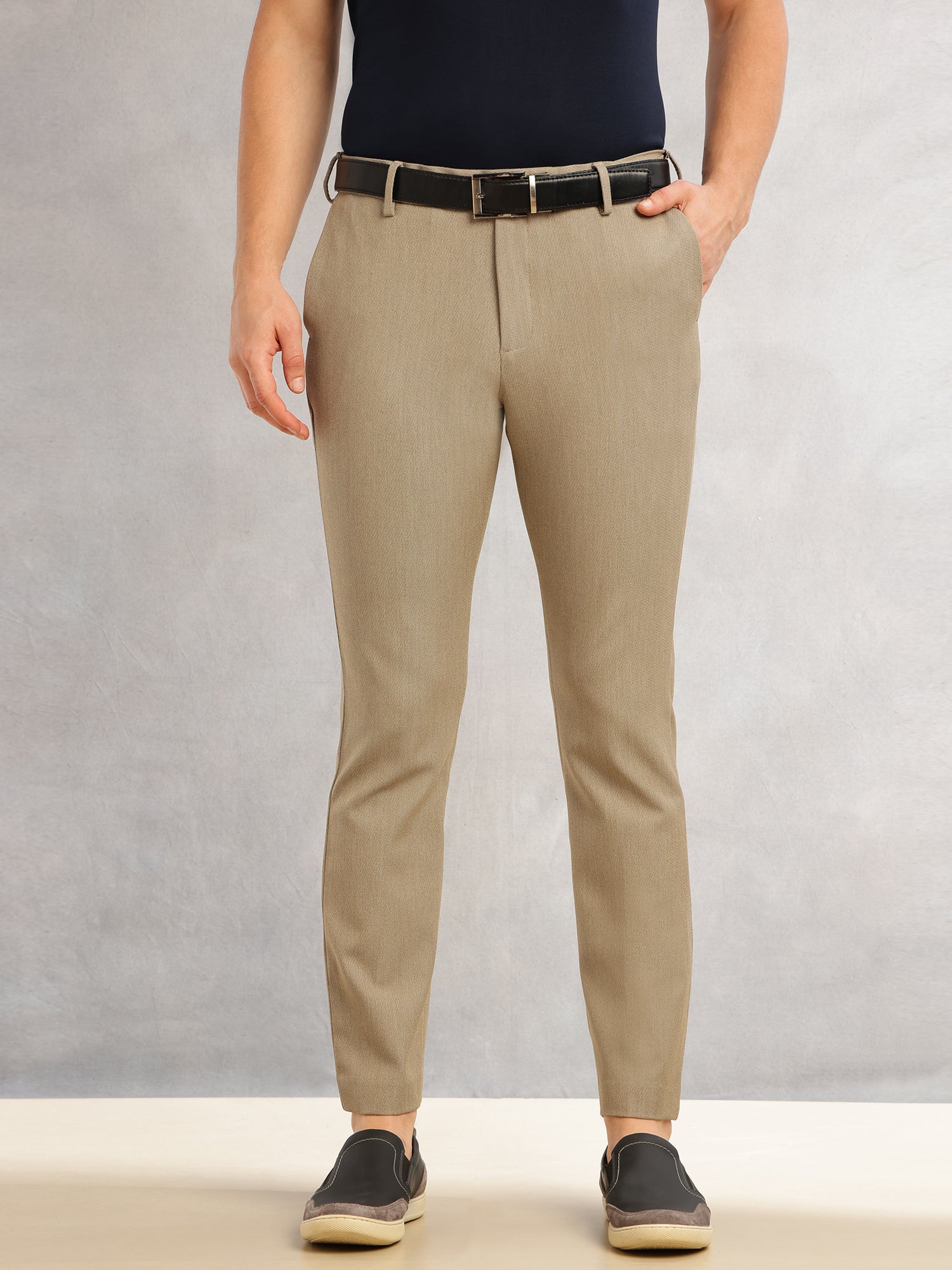 Thomas Scott Men Dark Khaki Slim Fit Mid-Rise Flexi-Waist 4-Way Stretch Solid Formal Performance Trouser