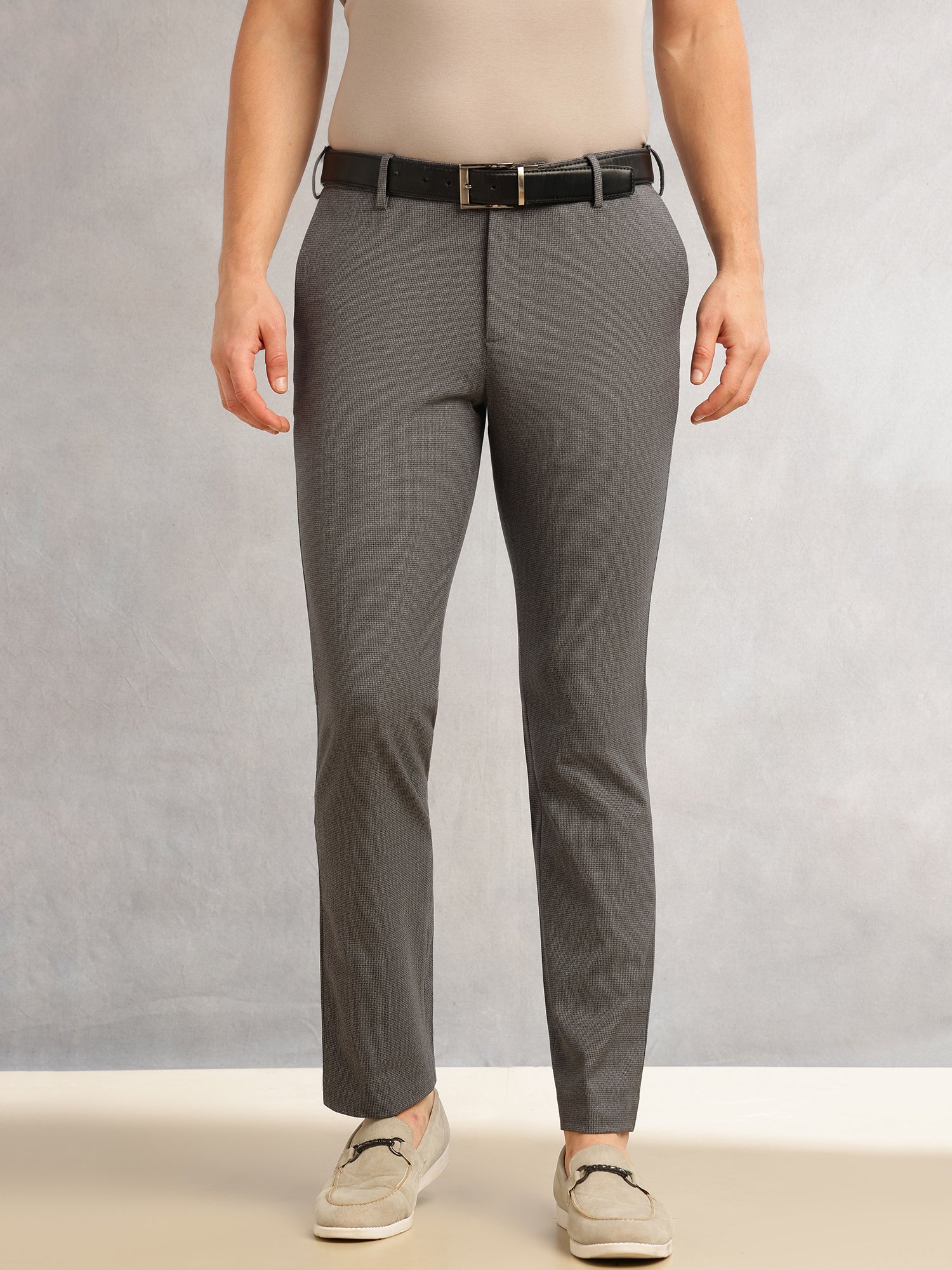 Thomas Scott Men Grey Slim Fit Mid-Rise Flexi-Waist 4-Way Stretch Solid Formal Performance Trouser