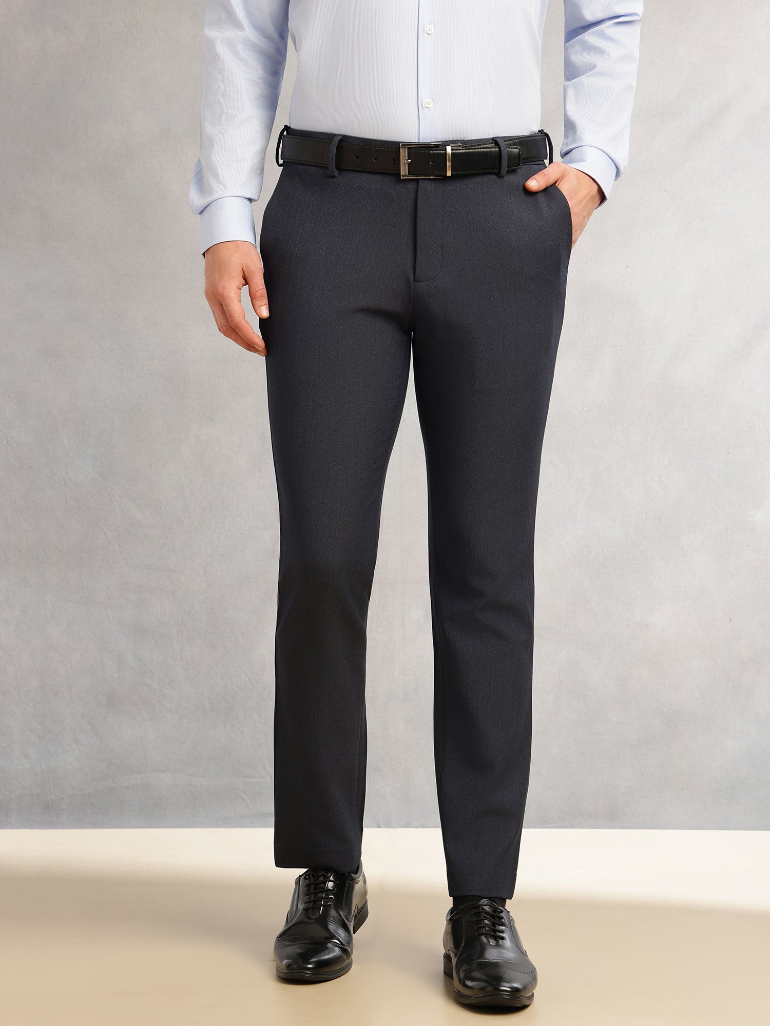 Thomas Scott Men Navy2 Slim Fit Mid-Rise Flexi-Waist 4-Way Stretch Solid Formal Performance Trouser