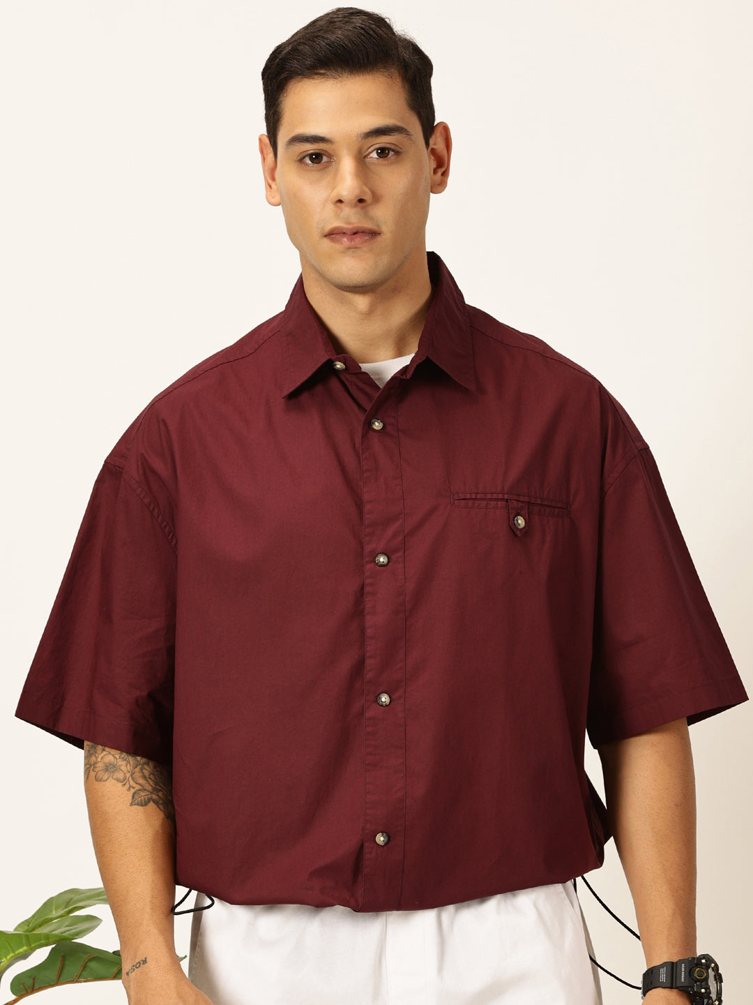 Thomas Scott Men Wine Oversized Short Sleeves Spread Collar Solid 100% Cotton Casual Shirt