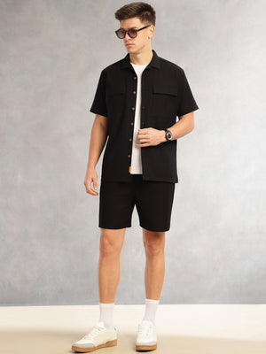 Thomas Scott Men Black Cricket Club Collection Regular Fit Short Sleeves Self Design 100% Cotton Co-Ord Set with Shirt Collar