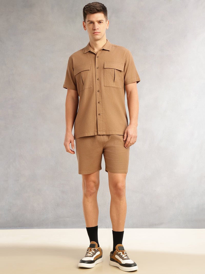 Thomas Scott Men Brown Cricket Club Collection Regular Fit Short Sleeves Self Design 100% Cotton Co-Ord Set with Shirt Collar