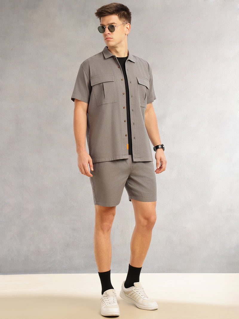 Thomas Scott Men Grey Cricket Club Collection Regular Fit Short Sleeves Self Design 100% Cotton Co-Ord Set with Shirt Collar