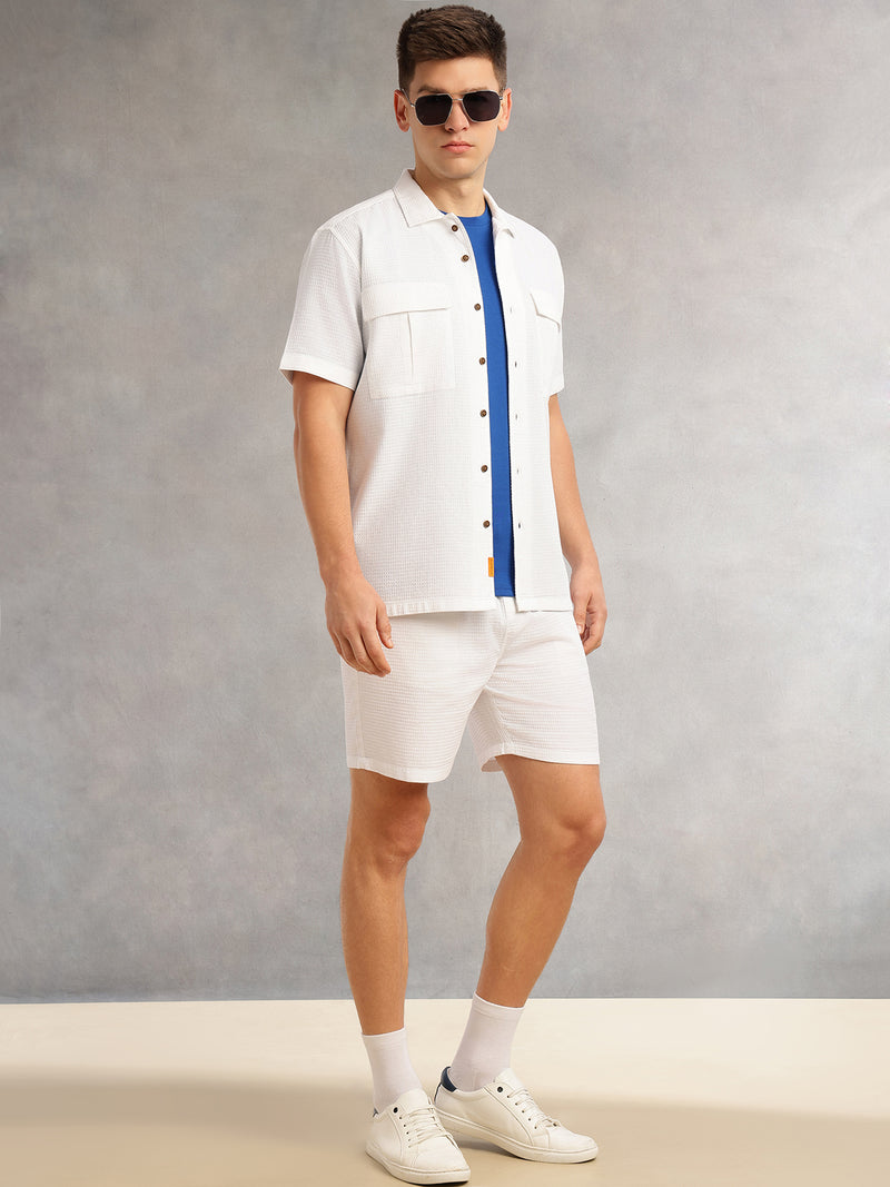 Thomas Scott Men White Cricket Club Collection Regular Fit Short Sleeves Self Design 100% Cotton Co-Ord Set with Shirt Collar