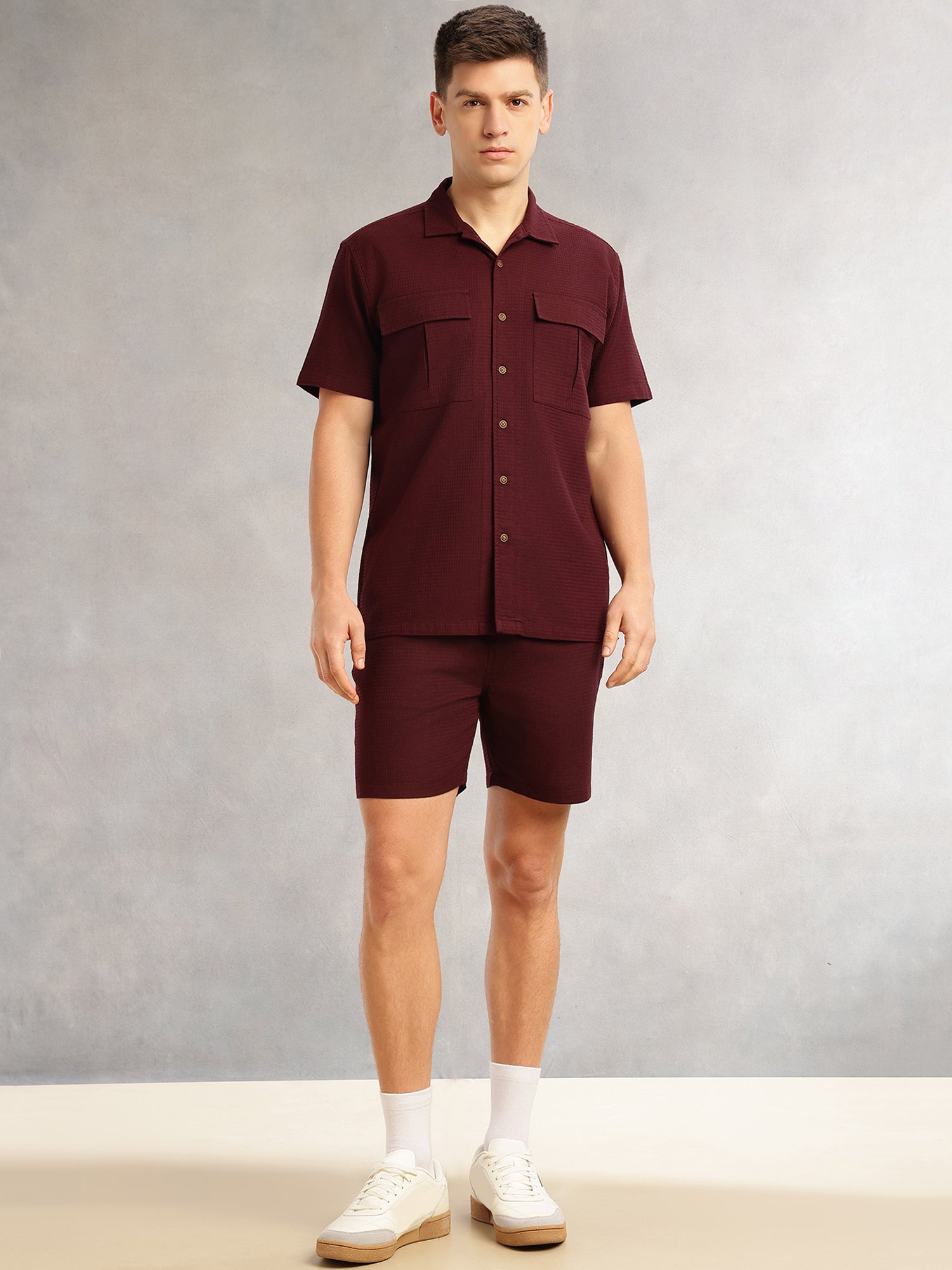 Thomas Scott Men Wine Cricket Club Collection Regular Fit Short Sleeves Self Design 100% Cotton Co-Ord Set with Shirt Collar