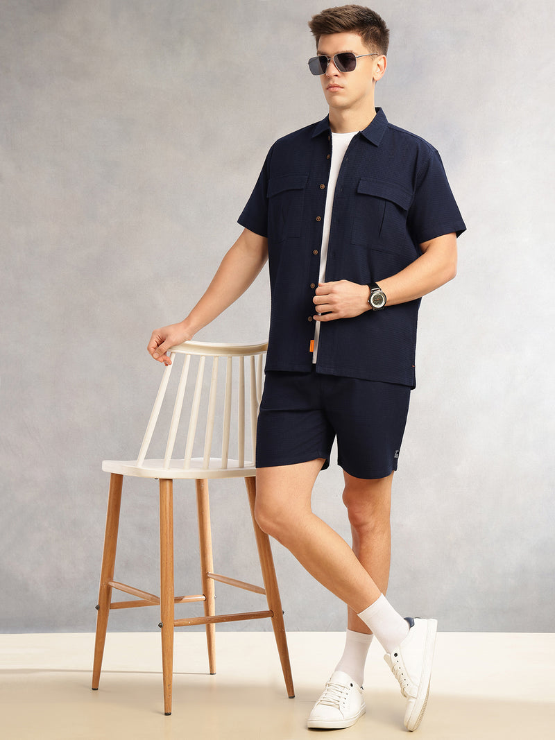 Thomas Scott Men Navy Cricket Club Collection Regular Fit Short Sleeves Self Design 100% Cotton Co-Ord Set with Shirt Collar