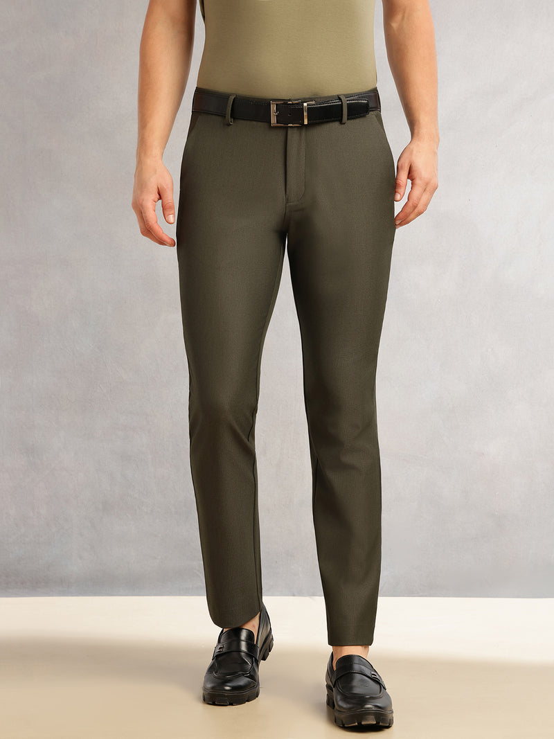 Thomas Scott Men Olive Slim Fit Mid-Rise Solid Woven Formal Trousers with Fixed Belt & 4-Way Stretch
