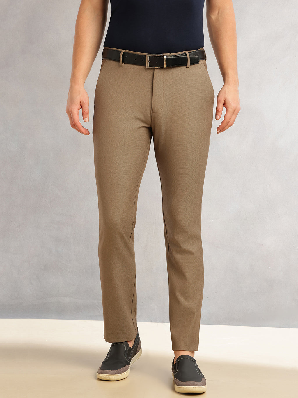 Thomas Scott Men Brown Slim Fit Mid-Rise Solid Woven Formal Trousers with Fixed Belt & 4-Way Stretch