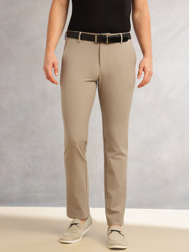 Thomas Scott Men Light Brown Slim Fit Mid-Rise Solid Woven Formal Trousers with Fixed Belt & 4-Way Stretch