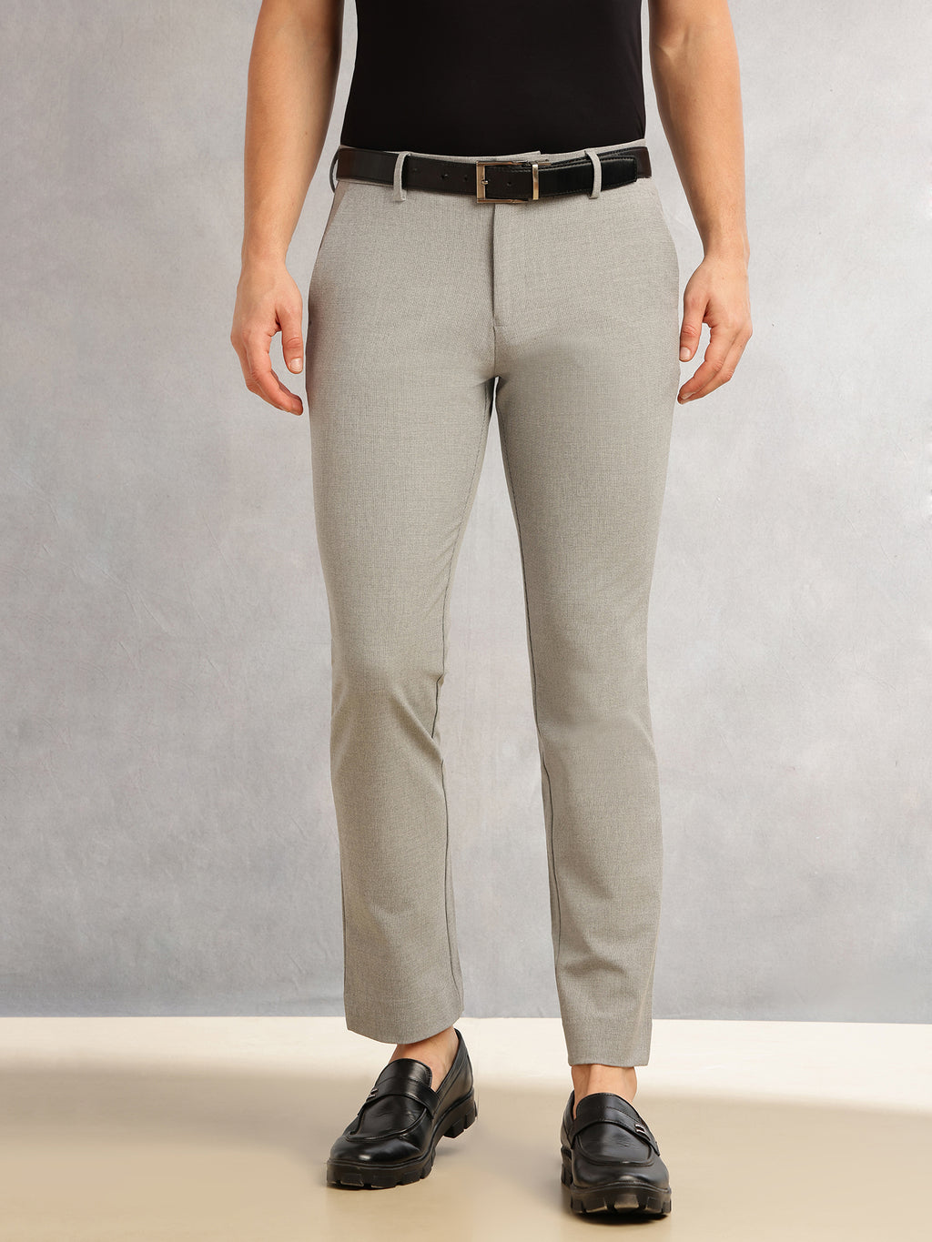 Thomas Scott Men Light Grey Slim Fit Mid-Rise Solid Woven Formal Trousers with Fixed Belt & 4-Way Stretch
