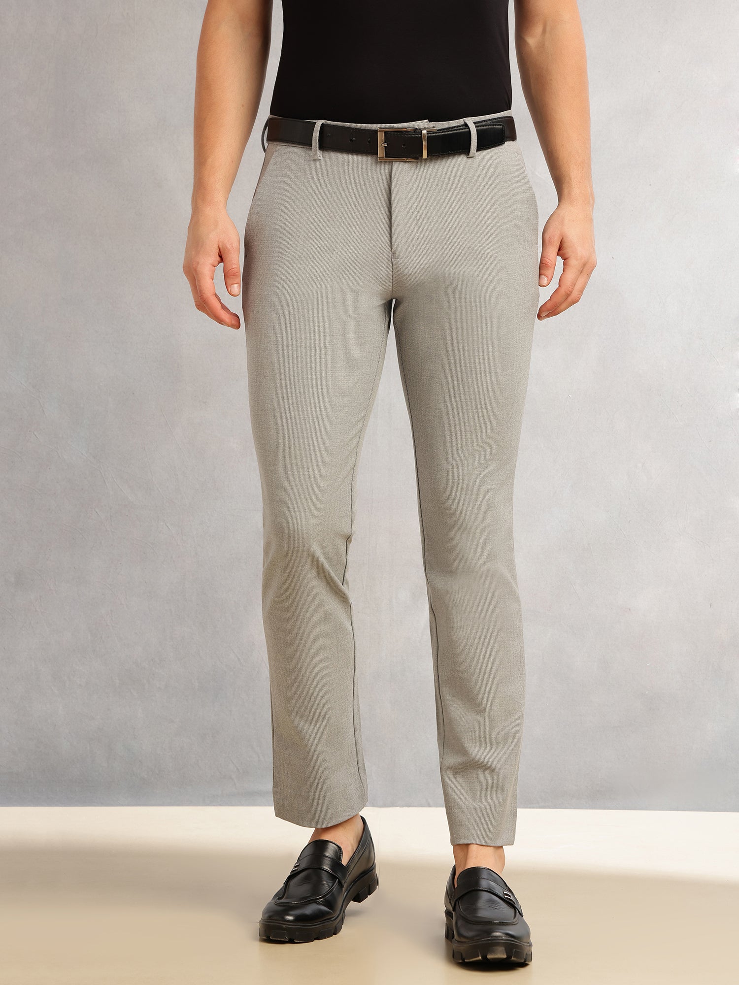 Thomas Scott Men Light Grey Slim Fit Mid-Rise Solid Woven Formal Trousers with Fixed Belt & 4-Way Stretch