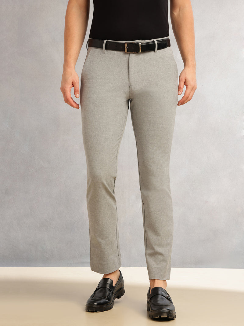 Thomas Scott Men Light Grey Slim Fit Mid-Rise Solid Woven Formal Trousers with Fixed Belt & 4-Way Stretch