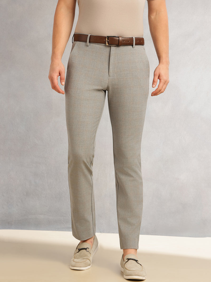 Thomas Scott Men Dark Grey Slim Fit Mid-Rise Solid Woven Formal Trousers with Fixed Belt & 4-Way Stretch