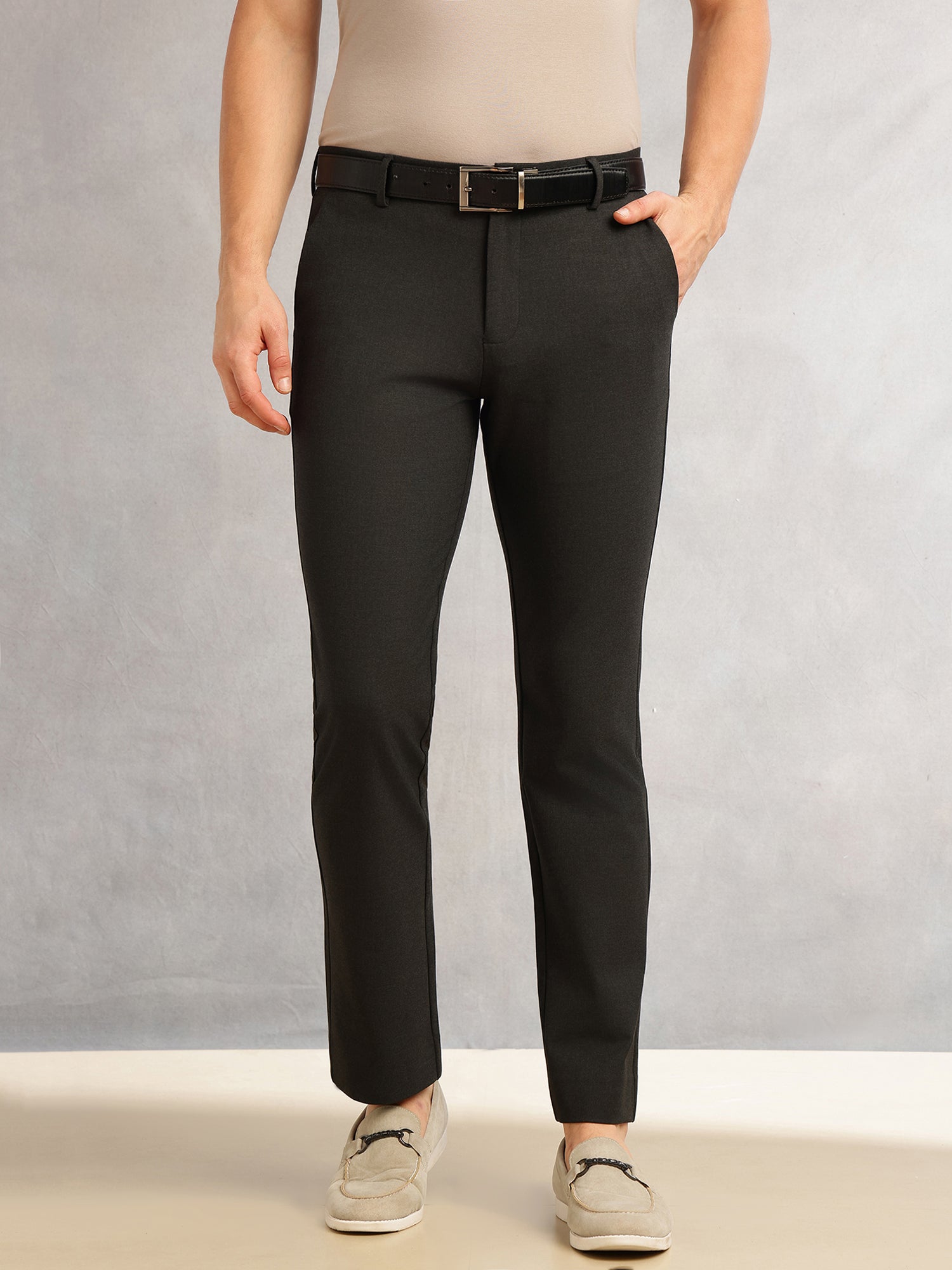 Thomas Scott Men Black Slim Fit Mid-Rise Solid Woven Formal Trousers with Fixed Belt & 4-Way Stretch