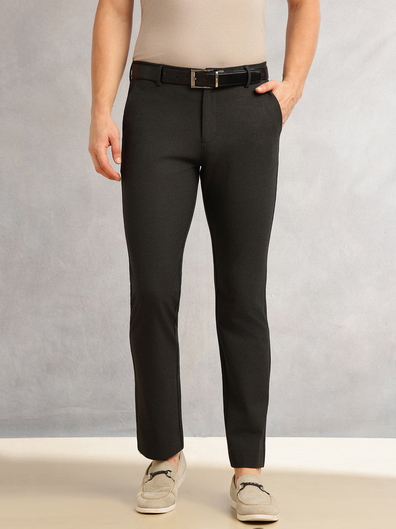 Thomas Scott Men Black Slim Fit Mid-Rise Solid Woven Formal Trousers with Fixed Belt & 4-Way Stretch