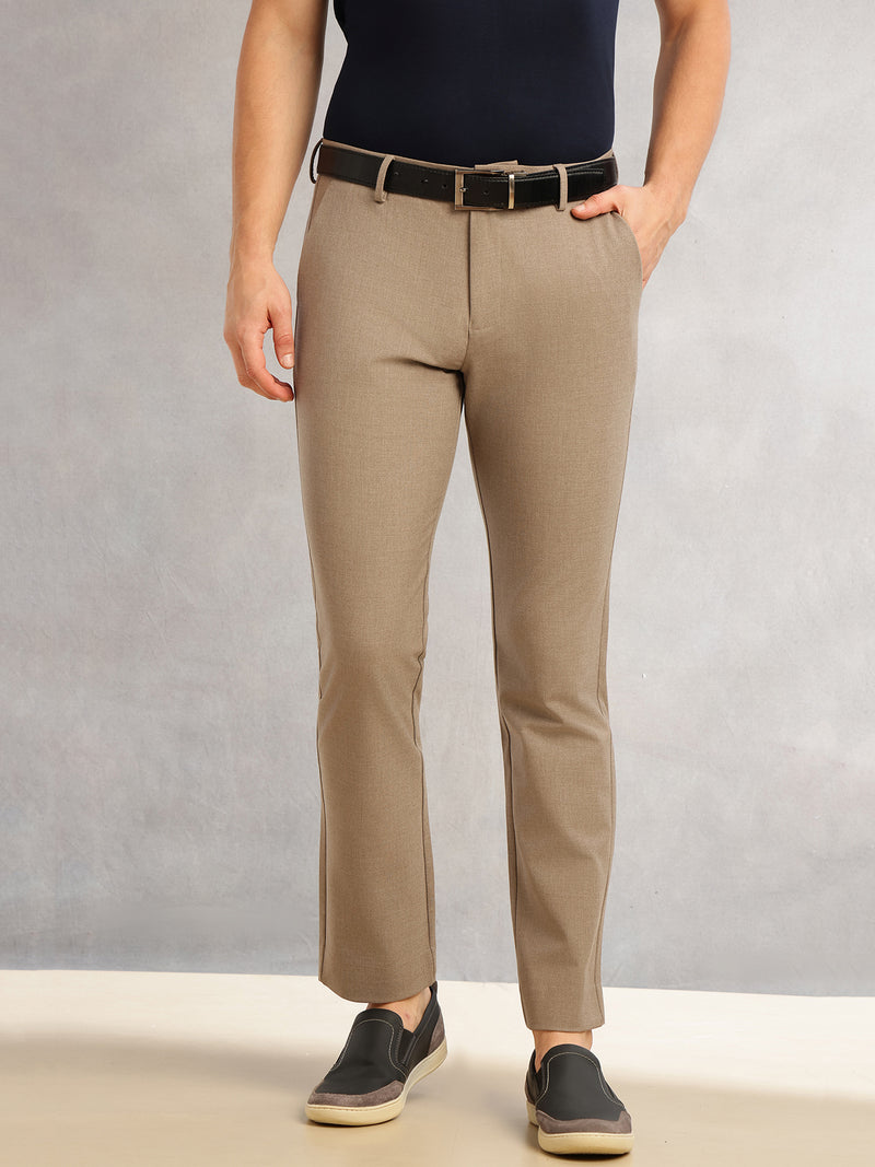 Thomas Scott Men Khaki Slim Fit Mid-Rise Solid Woven Formal Trousers with Fixed Belt & 4-Way Stretch