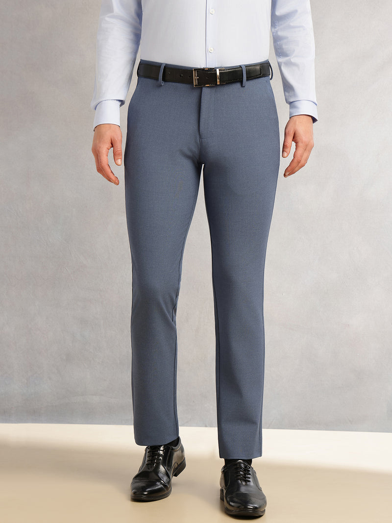 Thomas Scott Men Blue Slim Fit Mid-Rise Solid Woven Formal Trousers with Fixed Belt & 4-Way Stretch