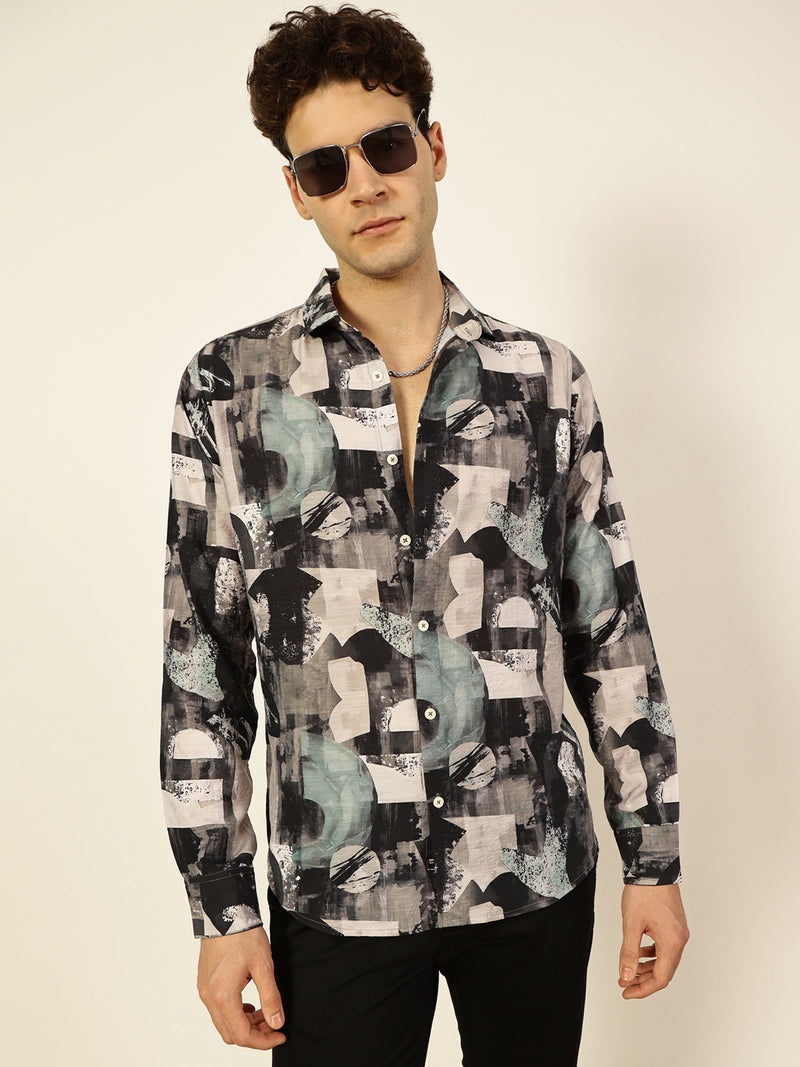 Thomas Scott Men Green Slim Fit Long Sleeves Spread Collar Abstract Printed 100% Cotton Casual Shirt