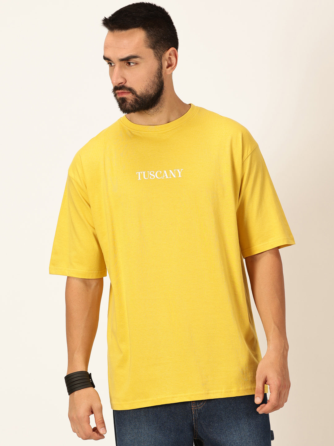 Thomas Scott Men Yellow Oversized Short Sleeves Round Neck Graphic Printed 100% Cotton Knitted T-shirt