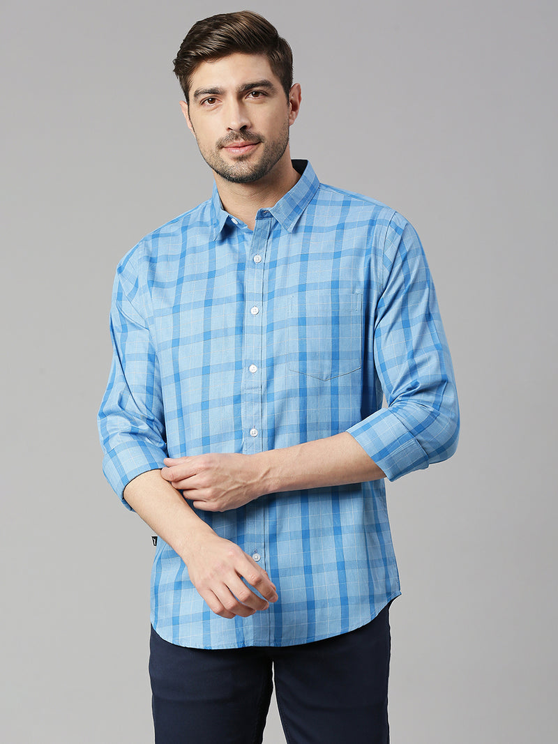 Thomas Scott Men Royal Blue Cricket Club Collection Slim Fit Long Sleeves Spread Collar Grid Tattersall Checks 100% Cotton Casual Shirt