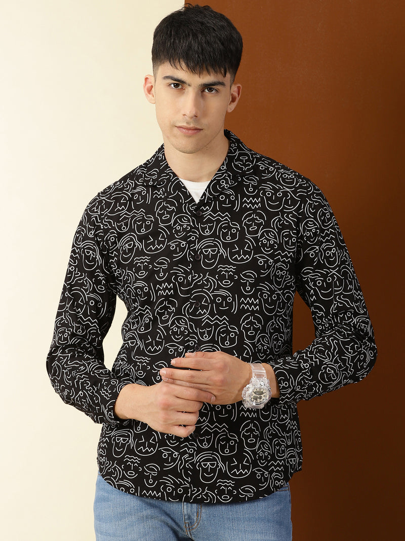 Thomas Scott Men Black Regular Fit 100% Cotton Conversational Printed Casual Shirt with Long Sleeves & Cuban Collar