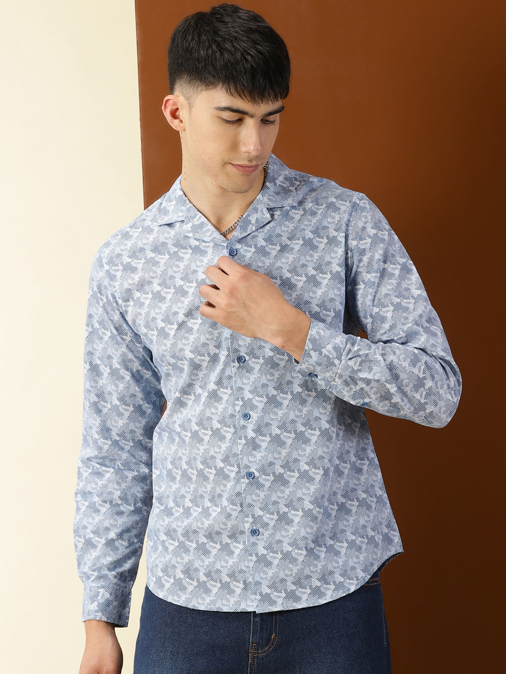 Thomas Scott Men Blue Regular Fit 100% Cotton Graphic Printed Casual Shirt with Long Sleeves & Cuban Collar